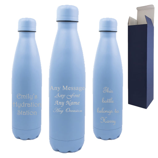 Personalised Engraved Blue 500ml Thermal Bottle, Personalise with Any Message or Name Image 1