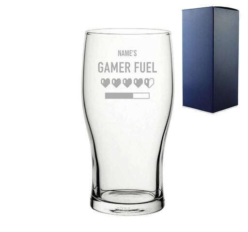 Engraved Pint Glass with Name's Gamer Fuel Hearts Design, Gift Boxed, Personalise with any name for any gamer Image 2