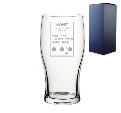 Engraved Pint Glass With Name Retro Space Arcade Game, Gift Boxed, Personalise with any name for any gamer Image 2