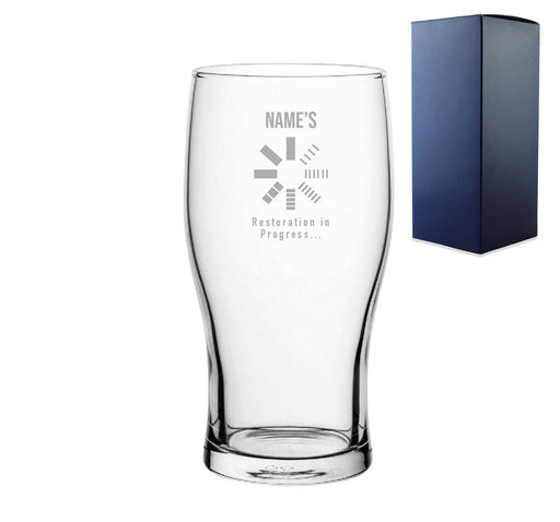 Engraved Pint Glass With Name Restoration in Progress , Gift Boxed, Personalise with any name for any gamer Image 1