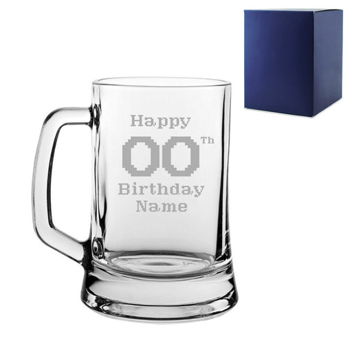 Engraved  Tankard Beer Mug Stein Happy 20,30,40,50... Birthday Pixelated Design Gift Boxed Image 1