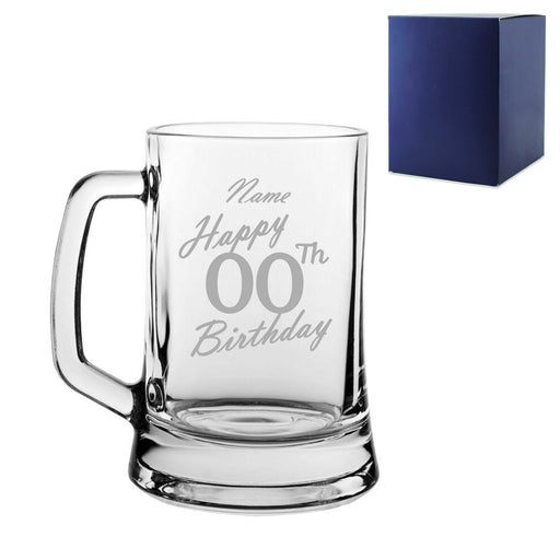 Engraved  Tankard Beer Mug Stein Happy 20,30,40,50... Birthday Handwritten Design Gift Boxed Image 1