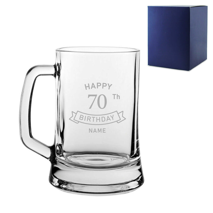 Engraved  Tankard Beer Mug Stein Happy 70th Birthday Banner Design Gift Boxed Image 1