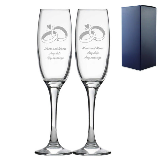 Personalised Engraved Wedding Champagne Glass Set with Any Message, Any Date, Rings Image 1