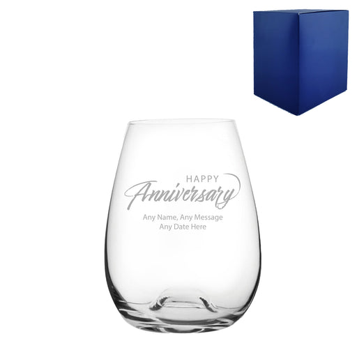 Engraved Happy Anniversary Stemless Wine Glass, Any Message, 15oz Bordeaux, Script Design Image 1