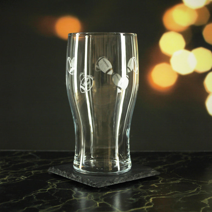 Engraved American Football Pattern Pint Glass Set of 4, 20oz Tulip Glasses Image 3