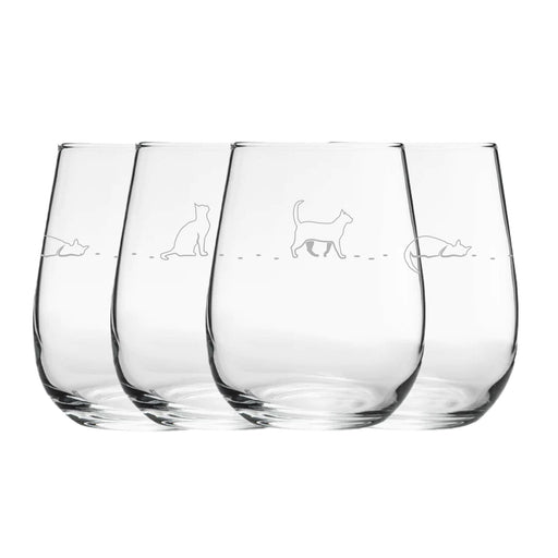 Engraved Cat Pattern Set of 4 Gaia Stemless Wine 12oz Glasses Image 1