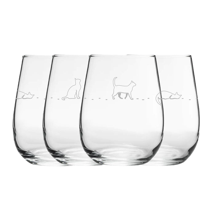 Engraved Cat Pattern Gaia Stemless Wine 12oz Glasses Set of 4