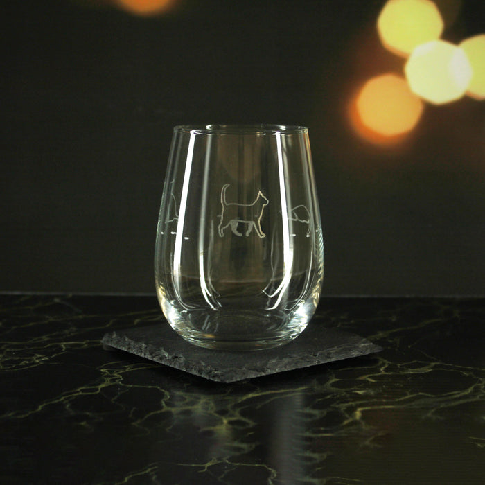 Engraved Cat Pattern Gaia Stemless Wine 12oz Glasses Set of 4