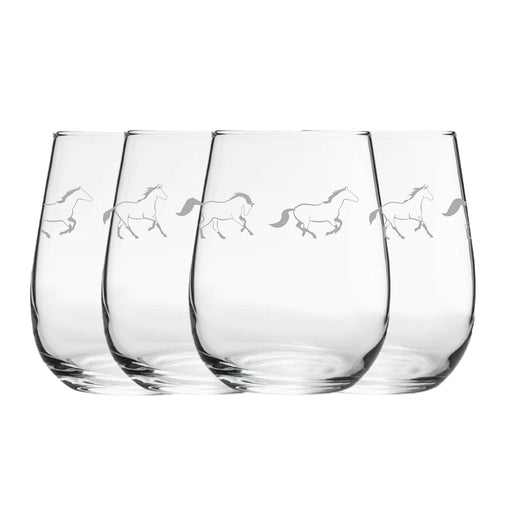 Engraved Horse Pattern Set of 4 Gaia Stemless Wine 12oz Glasses Image 1