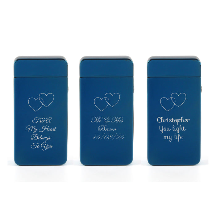 Engraved Electric Arc Lighter, Blue, Overlapping Hearts Image 4