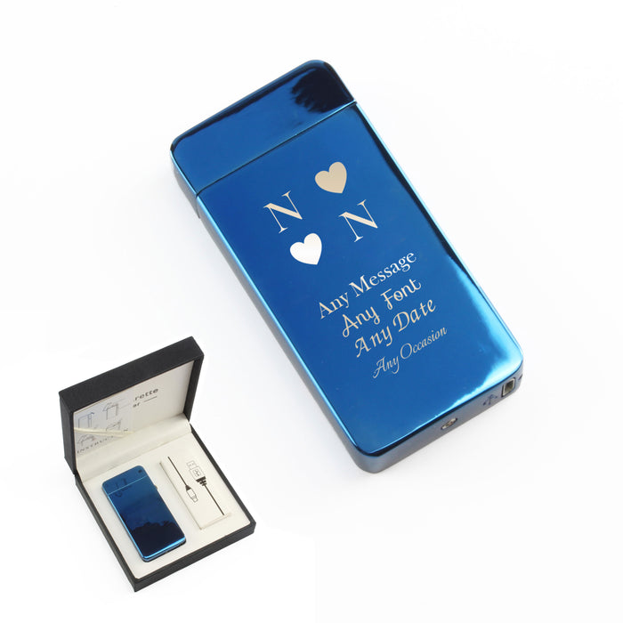 Engraved Electric Arc Lighter, Blue, Heart Initials, Gift Boxed Image 2