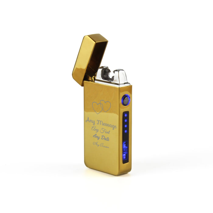 Engraved Electric Arc Lighter, Gold, Overlapping Hearts Image 3