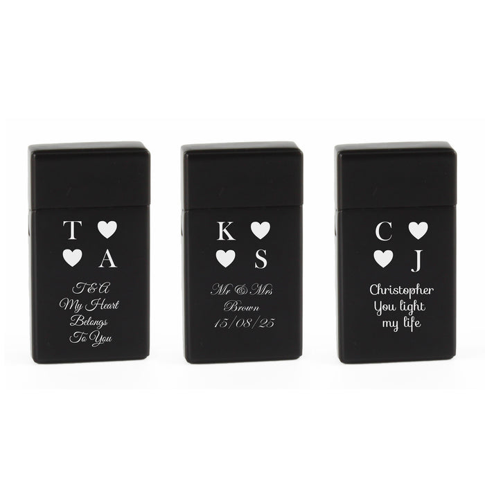 Engraved Jet Gas Lighter Black Heart Initials Gift Boxed Image 4