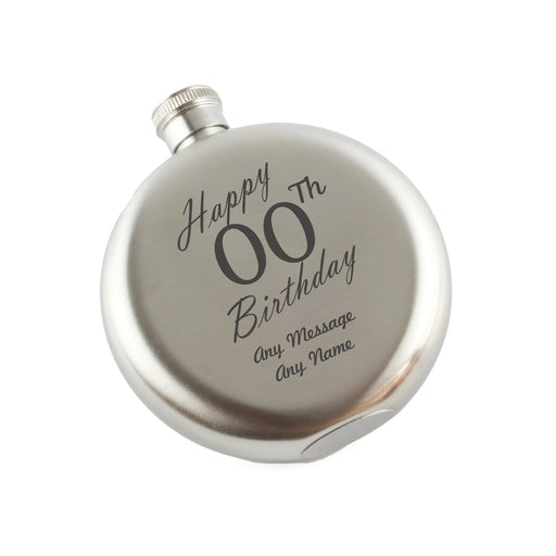 Engraved 5oz Round Steel Hip Flask Happy Custom Number Birthday Image 1