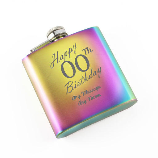 Engraved 6oz Rainbow Steel Hip Flask Happy Custom Number Birthday Image 1