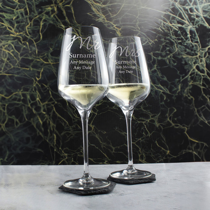 Engraved Mr and Mrs Wedding Large Crystal Wine Glasses, 15.8oz/450ml, Elegant Font