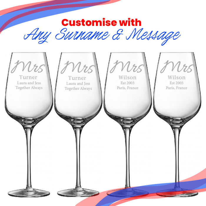 Engraved Mrs and Mrs Sublym Wine Glasses, 15.8oz/450ml, Elegant Font Image 5
