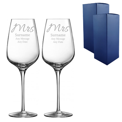 Engraved Mrs and Mrs Sublym Wine Glasses, 15.8oz/450ml, Elegant Font Image 1
