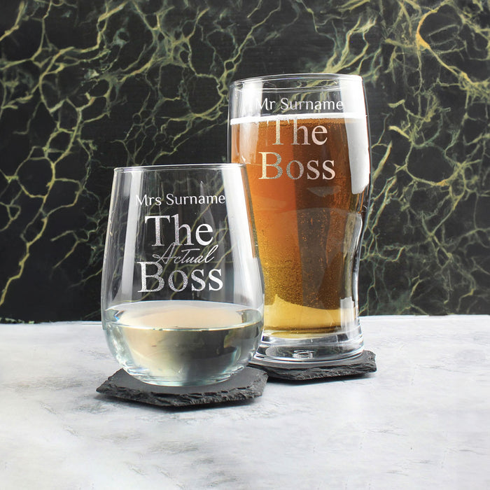 Engraved His and Hers Beer and Stemless Wine Set, The Actual Boss Image 4