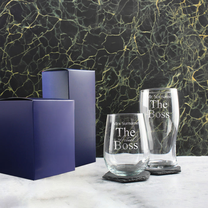 Engraved His and Hers Beer and Stemless Wine Set, The Actual Boss Image 3