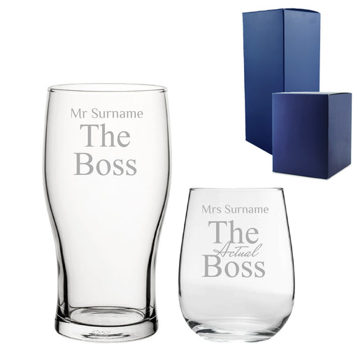 Engraved His and Hers Beer and Stemless Wine Set, The Actual Boss Image 2