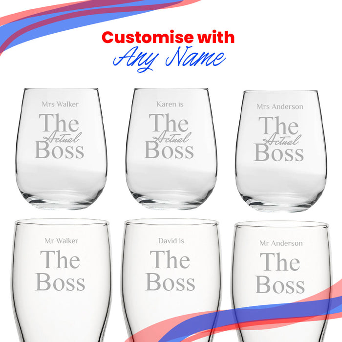 Engraved His and Hers Beer and Stemless Wine Set, The Actual Boss Image 5