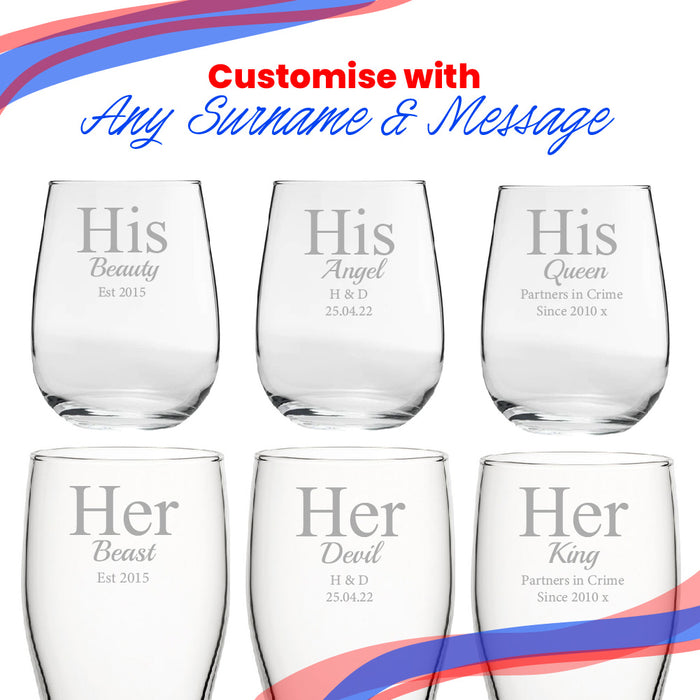 Engraved His and Hers Any Text Beer and Stemless Wine Glass Set Image 5