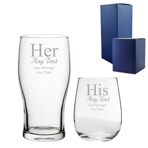 Engraved His and Hers Any Text Beer and Stemless Wine Glass Set Image 1