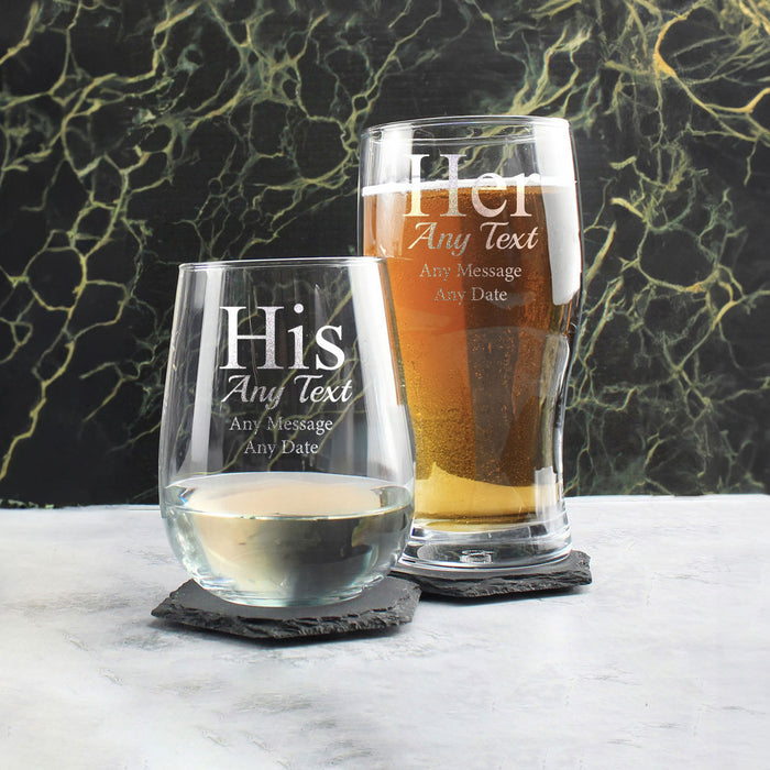 Engraved His and Hers Beer and Stemless Wine Glass Set