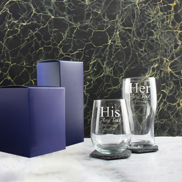 Engraved His and Hers Any Text Beer and Stemless Wine Glass Set Image 3