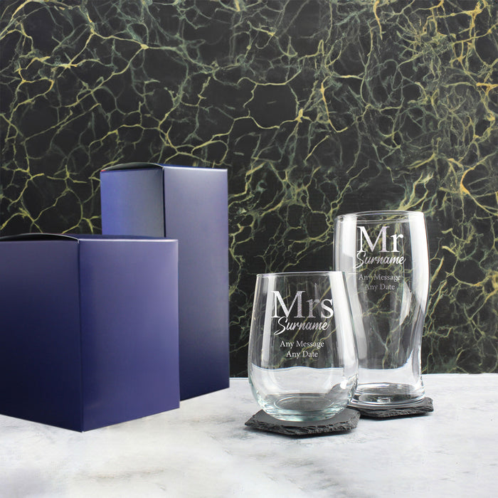 Engraved Mr and Mrs Beer and Stemless Wine Set, Classic Font Image 3