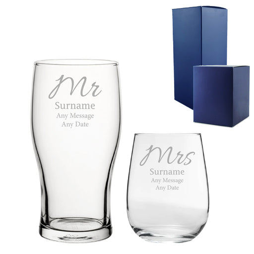 Engraved Mr and Mrs Beer and Stemless Wine Set, Elegant Font Image 1