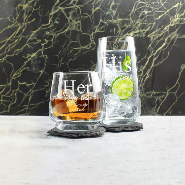 Engraved His and Hers Whisky and Cocktail Glass Set