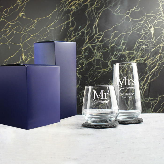 Engraved Mr and Mrs Whisky and Cocktail Glass Set, Classic Font