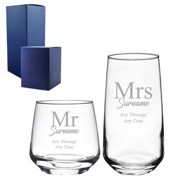 Engraved Mr and Mrs Whisky and Cocktail Set, Classic Font Image 1