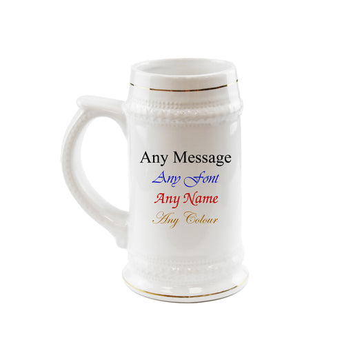 Printed White Ceramic Beer Mug, Any Message, Gold Rimmed, 22oz/560ml Image 1