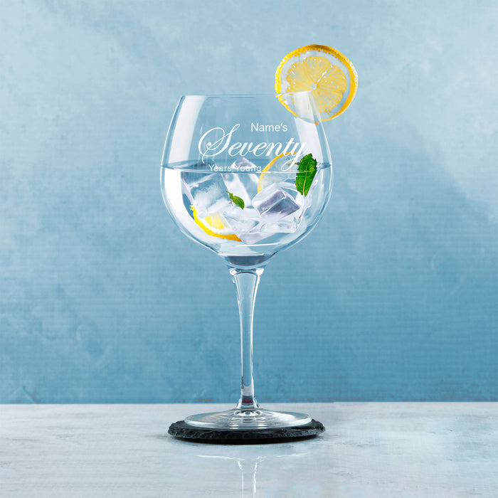 Engraved 70th Birthday Primeur Gin Glass Years Young Curly Font Image 4