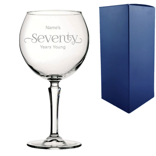 Engraved 70th Birthday Hudson Gin Glass, Years Young Sweeping Font Image 1