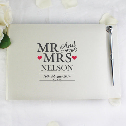 Personalised Mr & Mrs Wedding Hardback Guest Book & Pen - Myhappymoments.co.uk