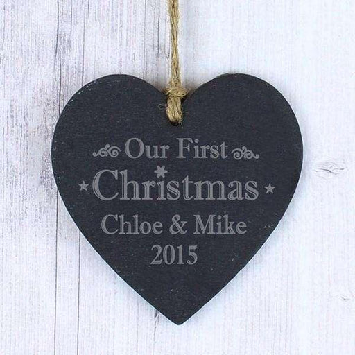 Personalised Our First Christmas Slate Heart Decoration - Myhappymoments.co.uk