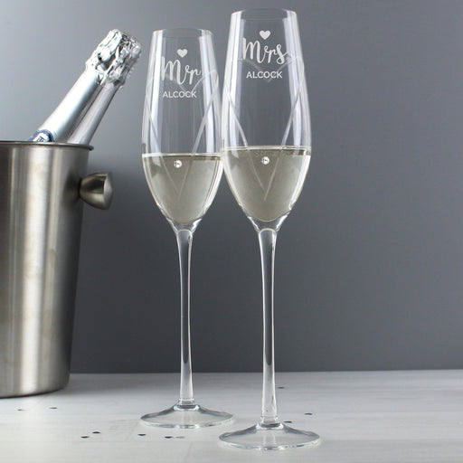 Personalised Hand Cut Mr & Mrs Pair of Flutes Glasses with Swarovski Elements in Gift Box