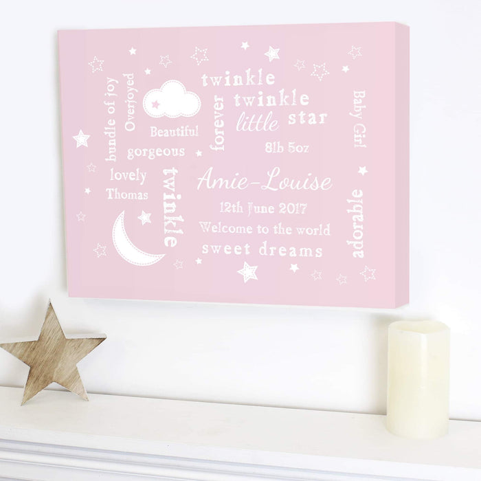 Personalised Twinkle Twinkle Little Star Typography Pink Canvas - Myhappymoments.co.uk