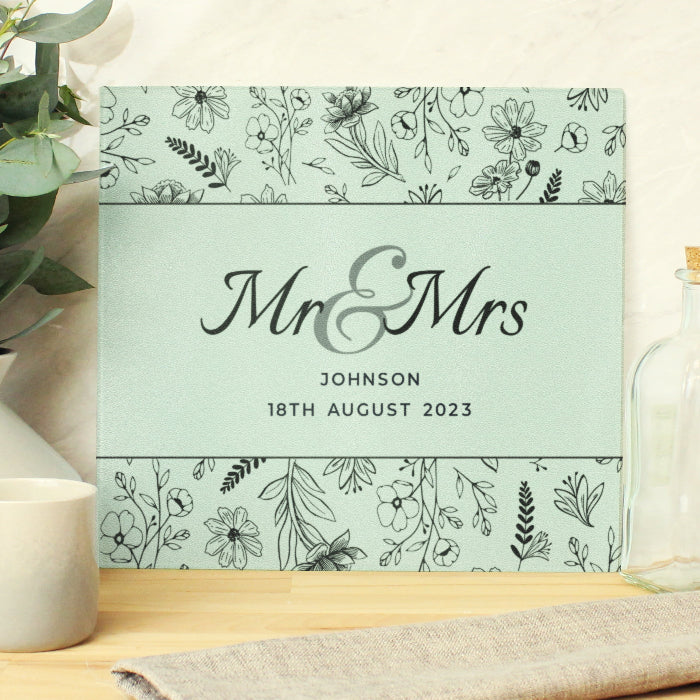 Personalised Mr & Mrs Wedding Botanical Glass Chopping Board