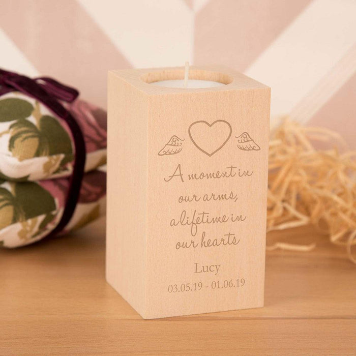 Personalised A Moment In Our Hearts Engraved Baby Memorial Wooden Tealight Holder