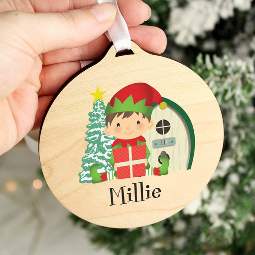 Personalised Elf Round Wooden Bauble Decoration
