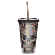 Skulls and Roses Plastic Double Walled Cup with Straw and Lid