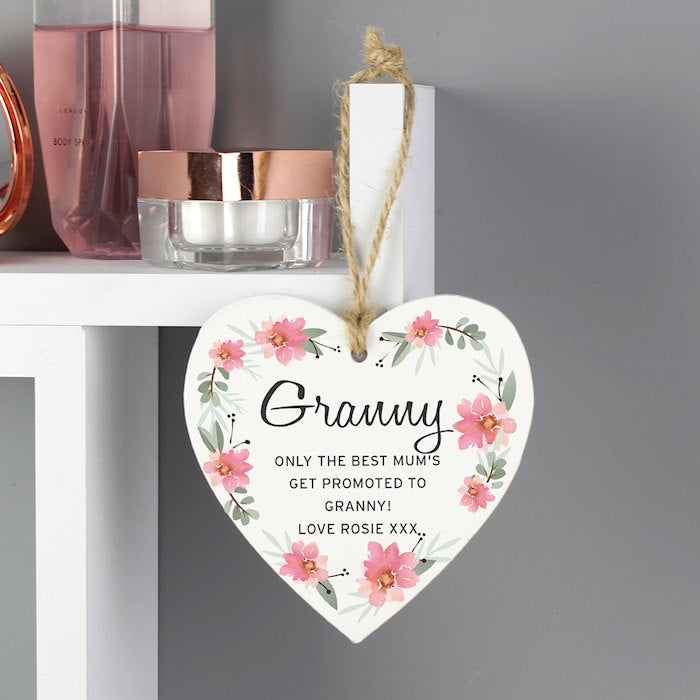 Personalised Floral Sentimental Wooden Hanging Heart Decoration