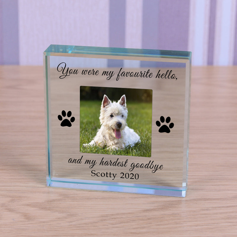 Personalised Favourite Hello Hardest Goodbye Dog Memorial Glass Block