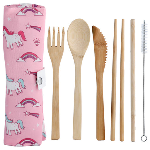 Unicorn 100% Natural Bamboo Cutlery 6 Piece Set in Canvas Holder